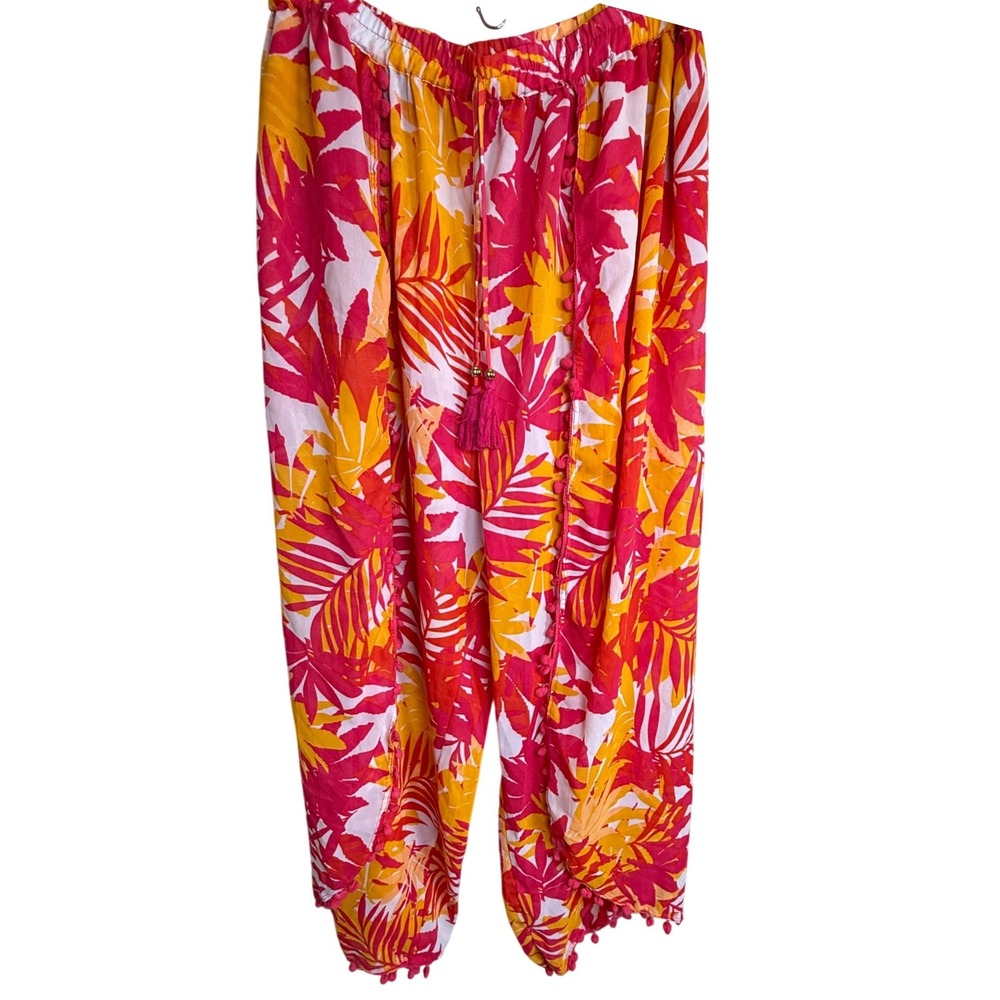 Club Z Collection Tropical Beach Pants Womens Pink Orange 34" Waist  Pom Pom